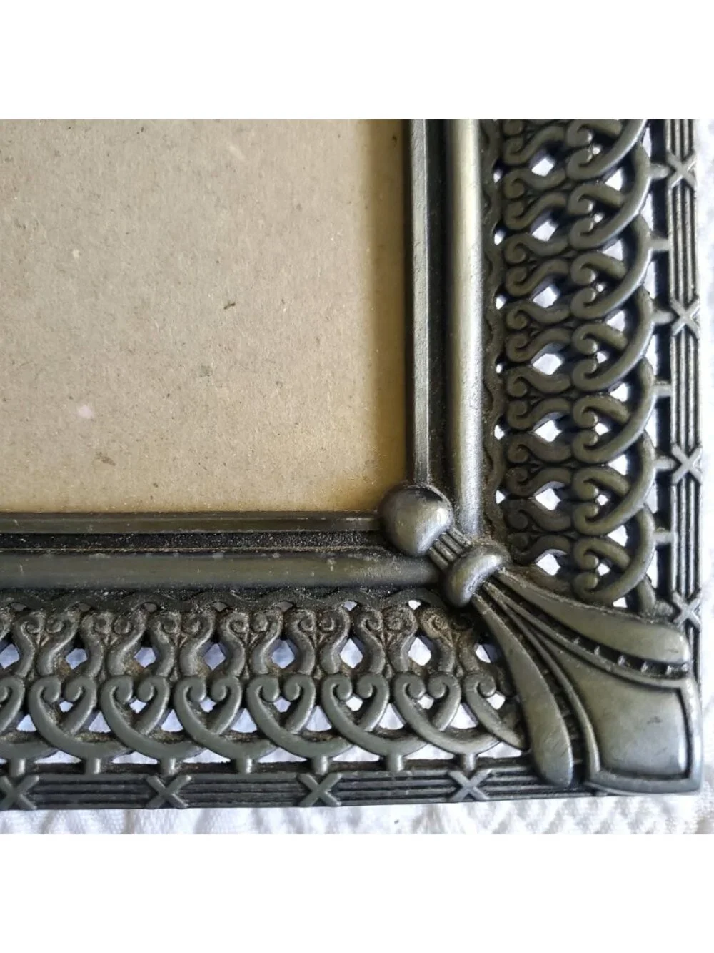 Vtg Ornate Filigree Photo Frame 7x9 Holds 4.5x6.5 Fleur-de-Lis pewter open work